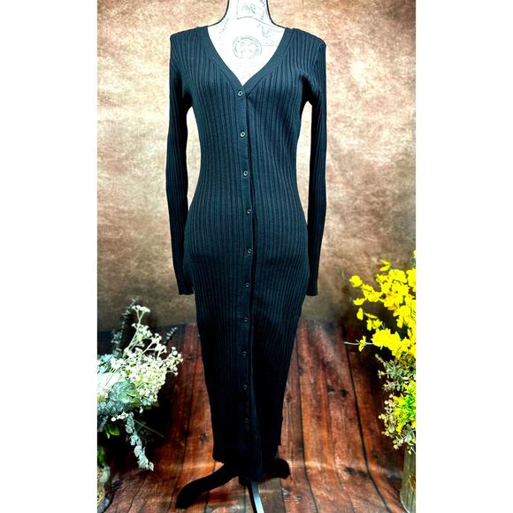 LITA By Ciara Icon Rib V Neck Cardigan Button Front Midi Dress Black M - Picture 8 of 16